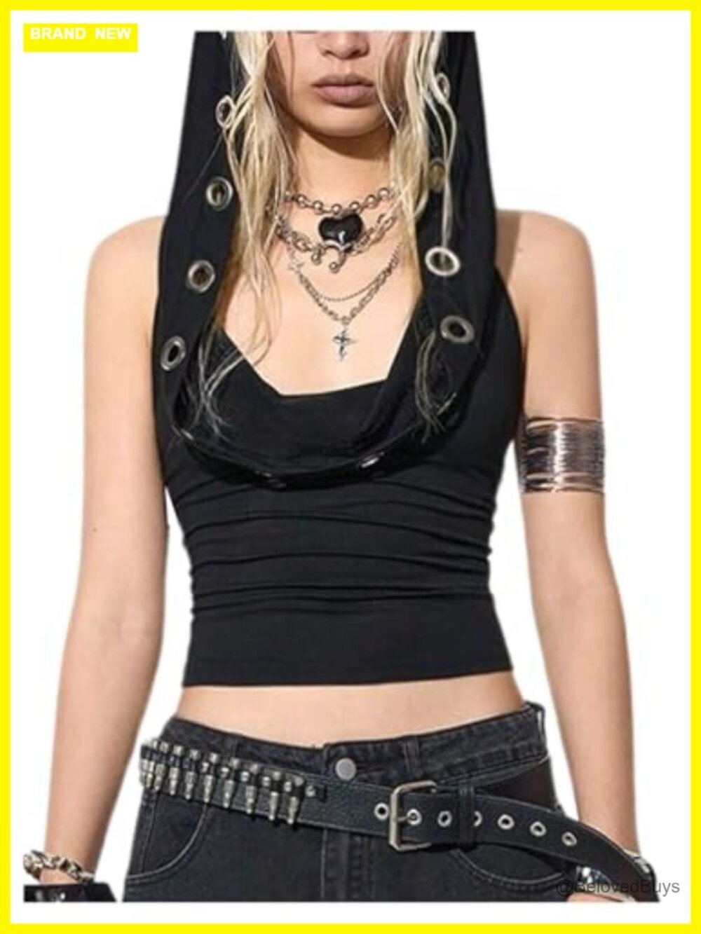 Y2K Goth Hoodie Grommet Eyelet Crop Top Grunge Party Club Top